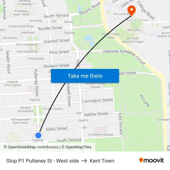 Stop P1 Pulteney St - West side to Kent Town map