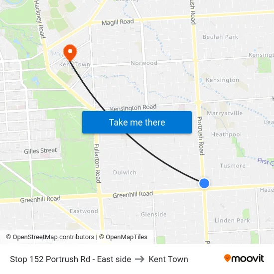 Stop 152 Portrush Rd - East side to Kent Town map