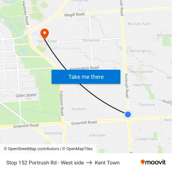 Stop 152 Portrush Rd - West side to Kent Town map
