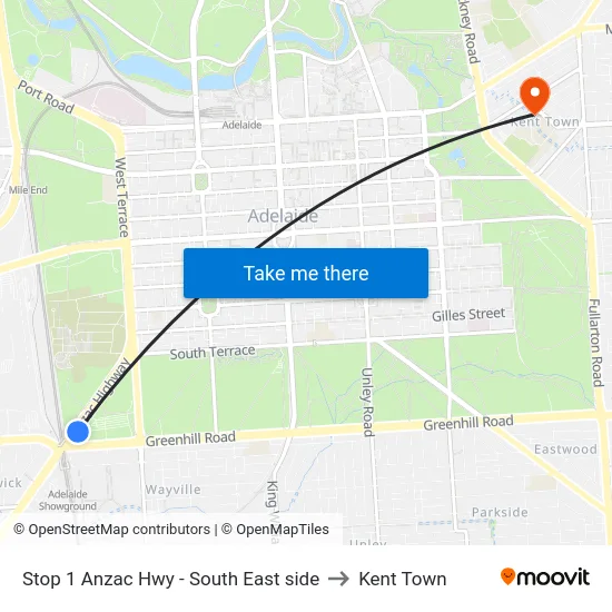 Stop 1 Anzac Hwy - South East side to Kent Town map