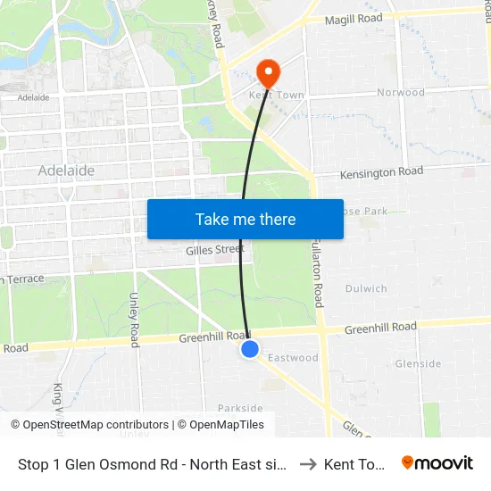 Stop 1 Glen Osmond Rd - North East side to Kent Town map