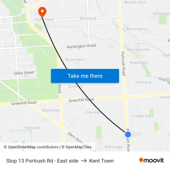 Stop 13 Portrush Rd - East side to Kent Town map