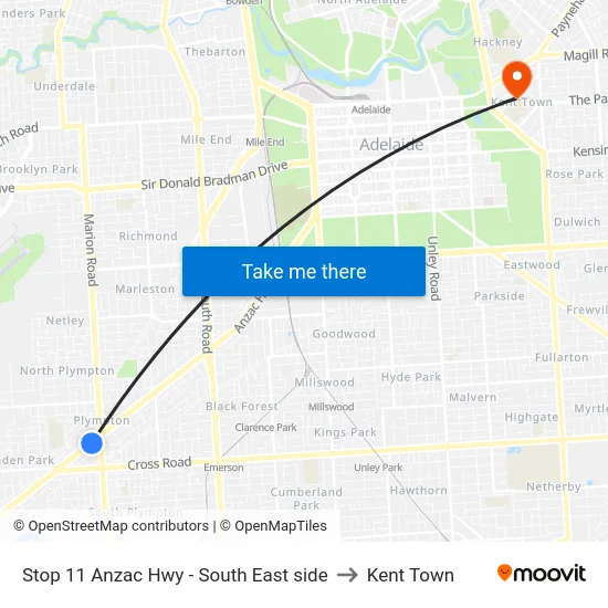 Stop 11 Anzac Hwy - South East side to Kent Town map
