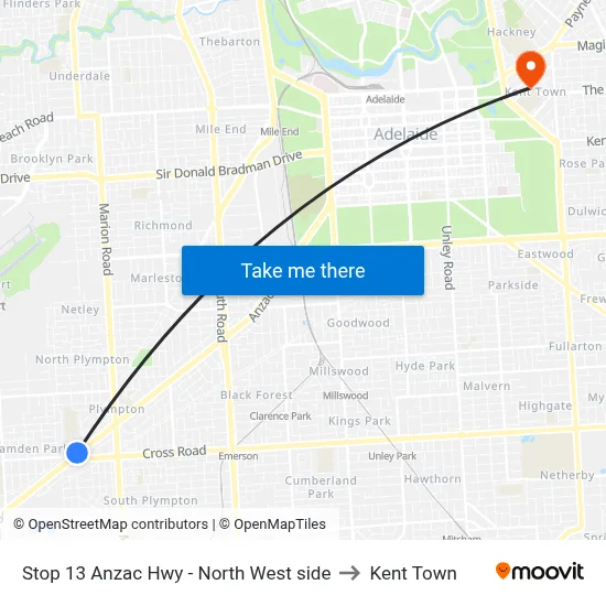 Stop 13 Anzac Hwy - North West side to Kent Town map