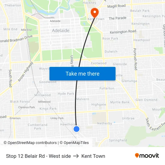 Stop 12 Belair Rd - West side to Kent Town map