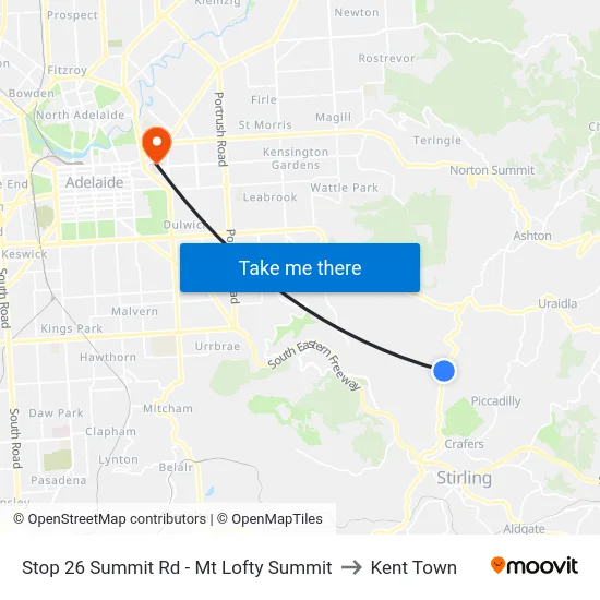 Stop 26 Summit Rd - Mt Lofty Summit to Kent Town map