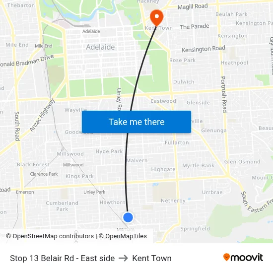 Stop 13 Belair Rd - East side to Kent Town map
