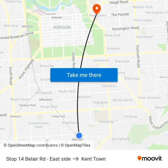 Stop 14 Belair Rd - East side to Kent Town map