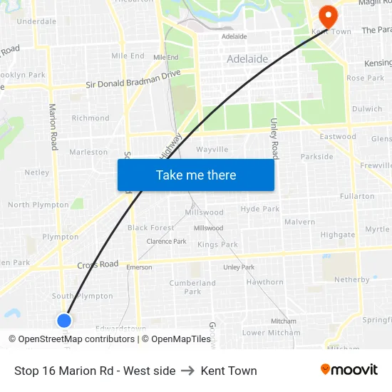 Stop 16 Marion Rd - West side to Kent Town map