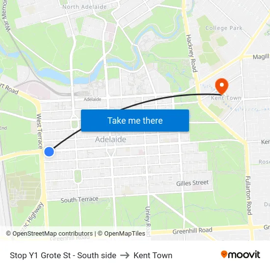 Stop Y1 Grote St - South side to Kent Town map