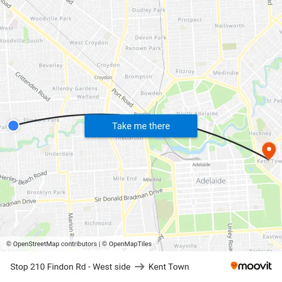Stop 210 Findon Rd - West side to Kent Town map