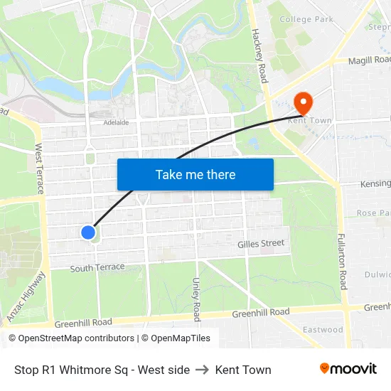 Stop R1 Whitmore Sq - West side to Kent Town map