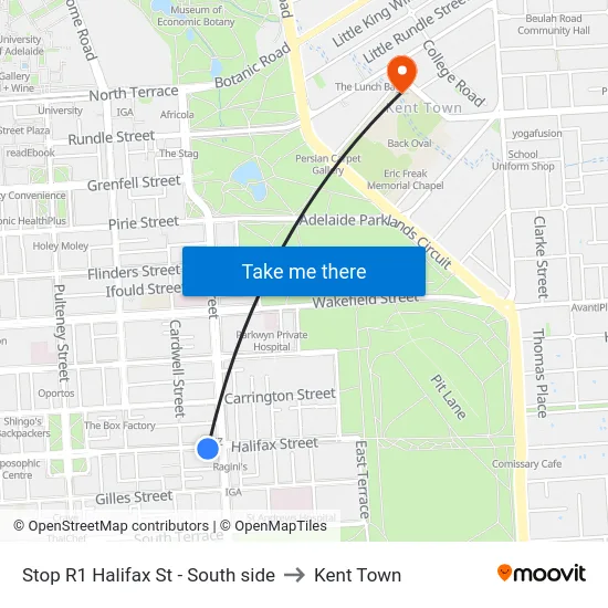 Stop R1 Halifax St - South side to Kent Town map