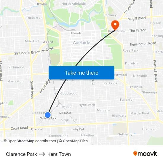 Clarence Park to Kent Town map