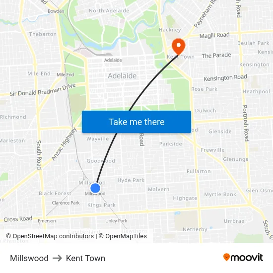 Millswood to Kent Town map