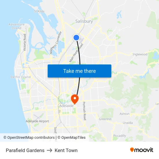 Parafield Gardens to Kent Town map