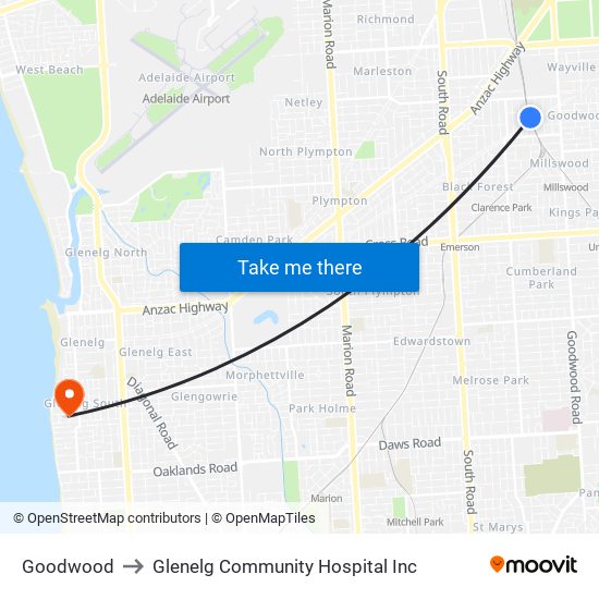 Goodwood to Glenelg Community Hospital Inc map