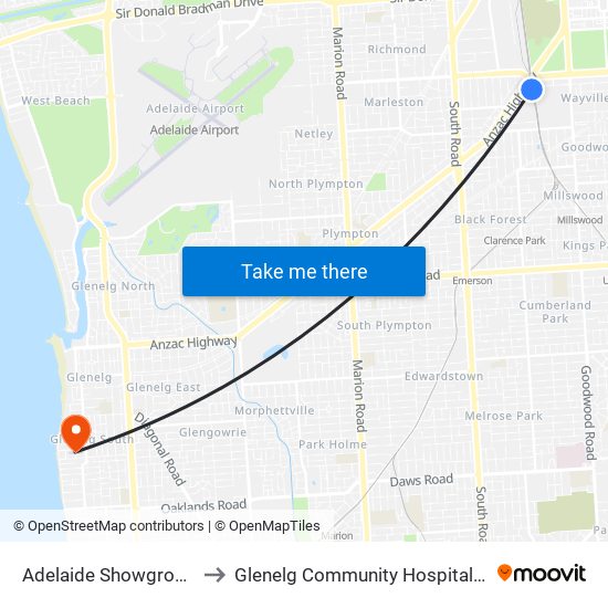 Adelaide Showground to Glenelg Community Hospital Inc map