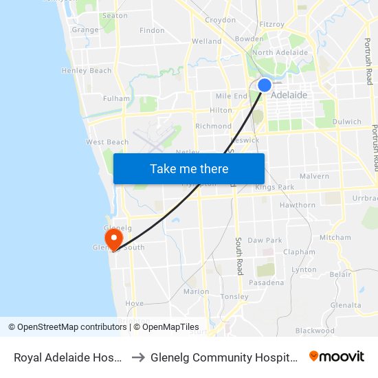 Royal Adelaide Hospital to Glenelg Community Hospital Inc map