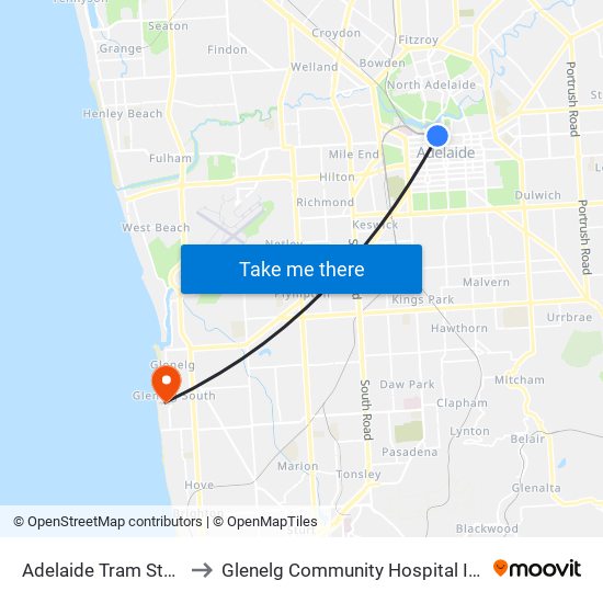 Adelaide Tram Stop to Glenelg Community Hospital Inc map
