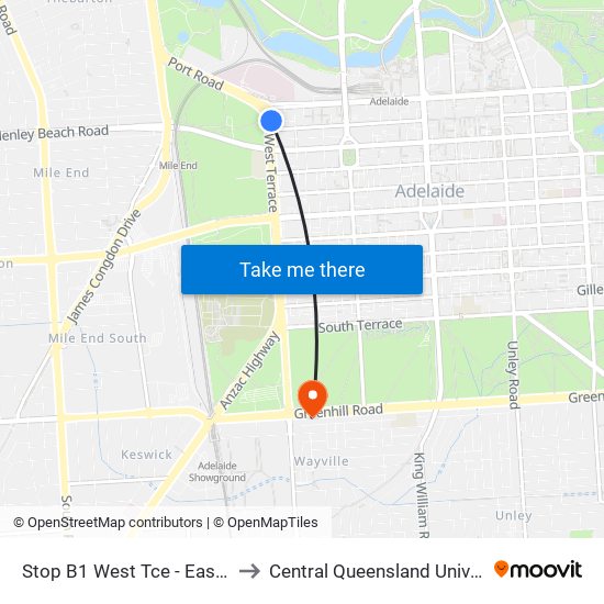 Stop B1 West Tce - East side to Central Queensland University map