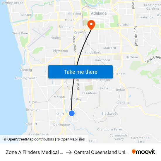 Zone A Flinders Medical Centre to Central Queensland University map