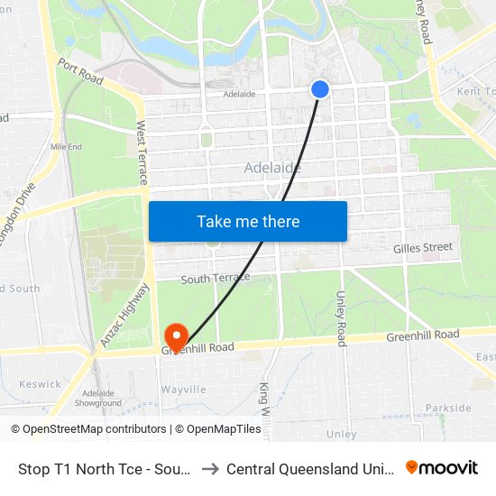 Stop T1 North Tce - South side to Central Queensland University map