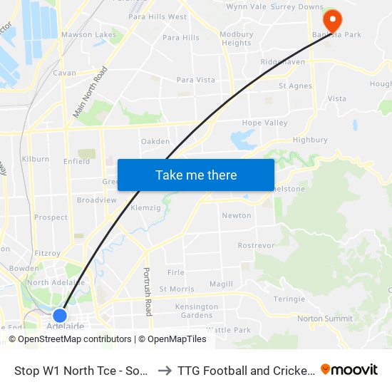 Stop W1 North Tce - South side to TTG Football and Cricket Clubs map