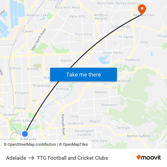 Adelaide to TTG Football and Cricket Clubs map