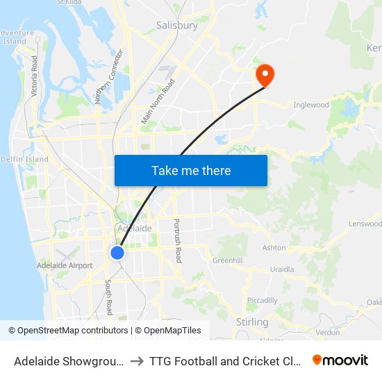 Adelaide Showground to TTG Football and Cricket Clubs map