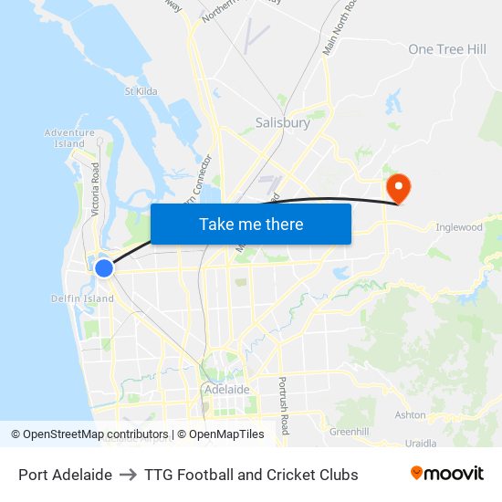 Port Adelaide to TTG Football and Cricket Clubs map