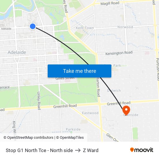 Stop G1 North Tce - North side to Z Ward map