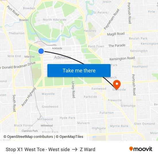 Stop X1 West Tce - West side to Z Ward map