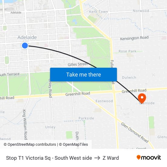 Stop T1 Victoria Sq - South West side to Z Ward map