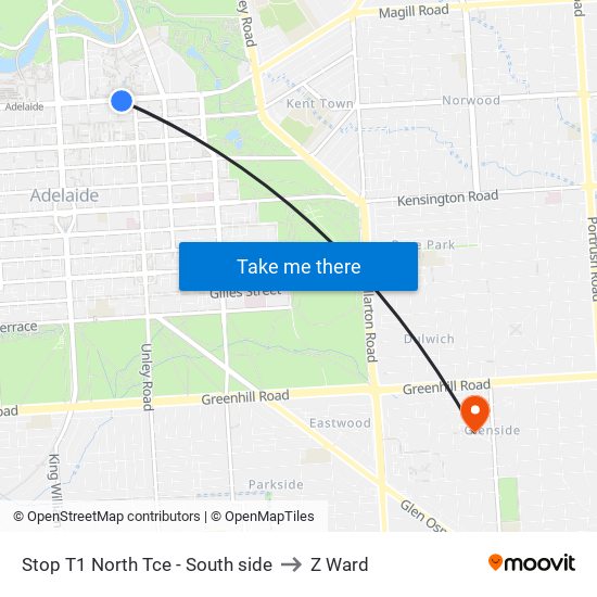 Stop T1 North Tce - South side to Z Ward map