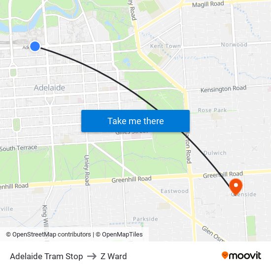 Adelaide Tram Stop to Z Ward map