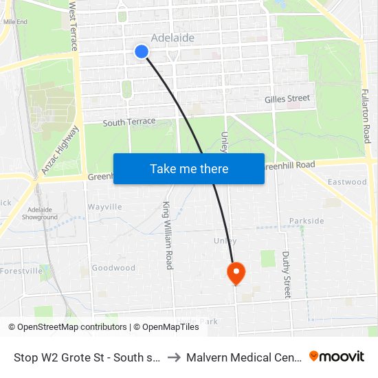 Stop W2 Grote St - South side to Malvern Medical Centre map