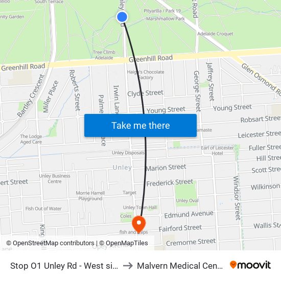 Stop O1 Unley Rd - West side to Malvern Medical Centre map