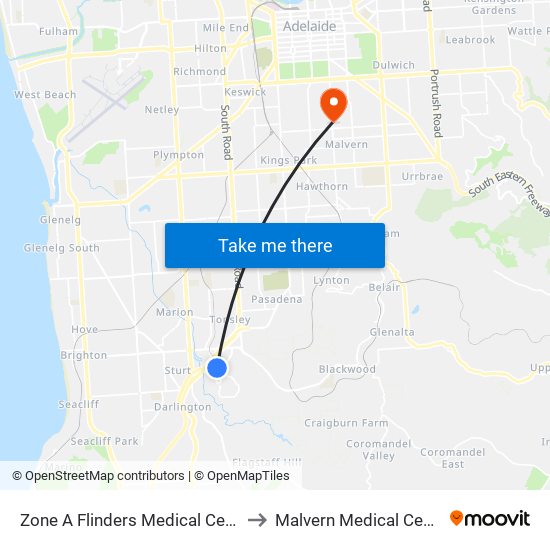 Zone A Flinders Medical Centre to Malvern Medical Centre map