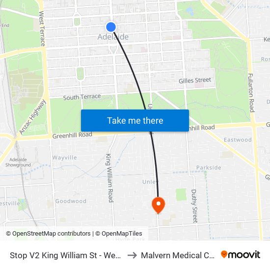 Stop V2 King William St - West side to Malvern Medical Centre map