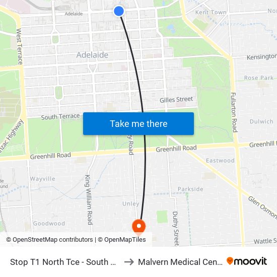 Stop T1 North Tce - South side to Malvern Medical Centre map