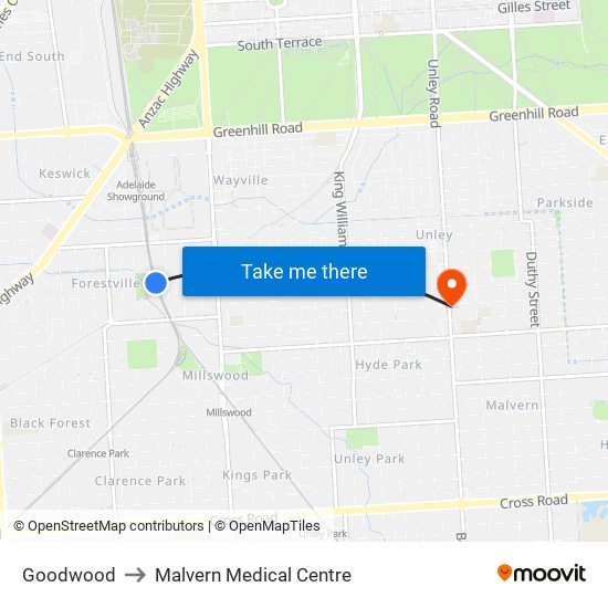 Goodwood to Malvern Medical Centre map