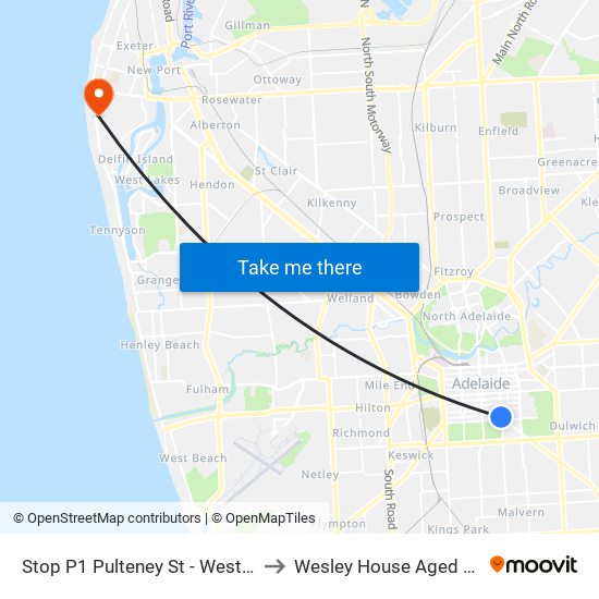 Stop P1 Pulteney St - West side to Wesley House Aged Care map