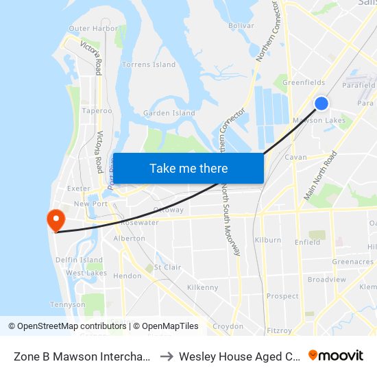 Zone B Mawson Interchange to Wesley House Aged Care map