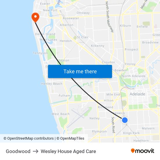 Goodwood to Wesley House Aged Care map