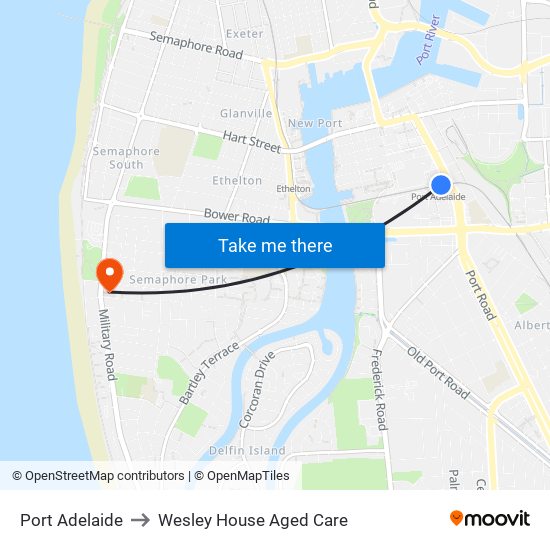 Port Adelaide to Wesley House Aged Care map