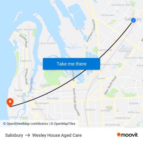 Salisbury to Wesley House Aged Care map