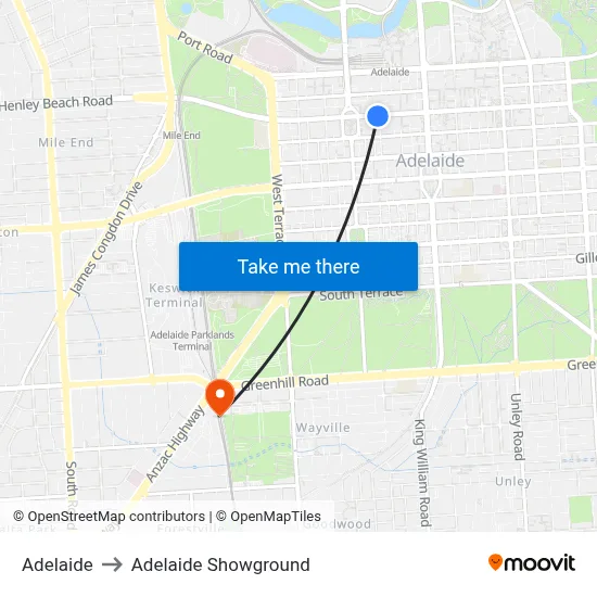 Adelaide to Adelaide Showground map
