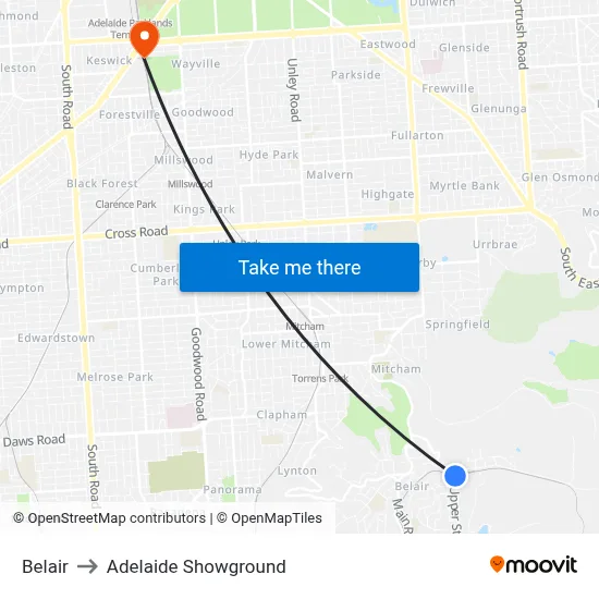 Belair to Adelaide Showground map