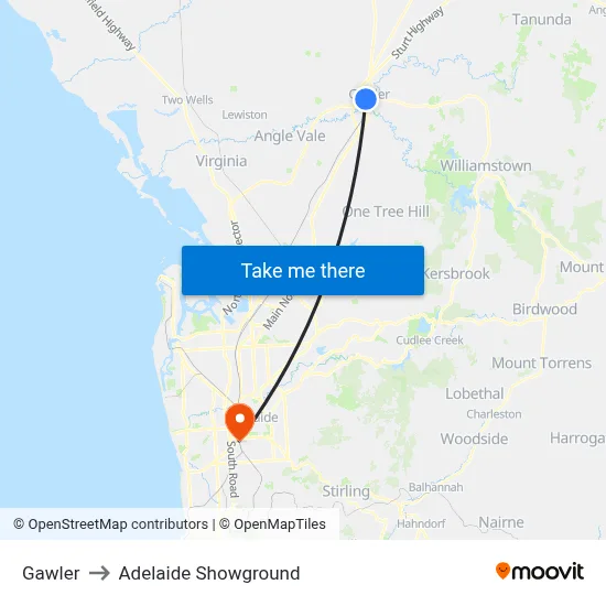 Gawler to Adelaide Showground map